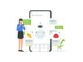 Flat vector illustration of Woman chatting with a chatbot on an eCommerce mobile platform. Simplified graphic depicting AI powered customer support.