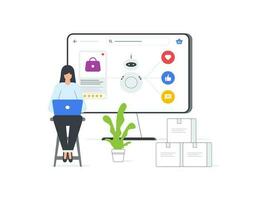 Flat vector illustration set of AI powered woman creating ads for an ecommerce platform. Empowering efficient and intelligent advertising in e commerce.