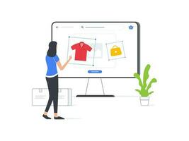 Flat vector illustration design. Upload product images on an ecommerce platform. Simple and modern visual for easy understanding and user friendly experience.