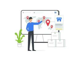 Flat vector illustration of man selects franchising location on ecommerce platform. Represents decision making process in franchise business.