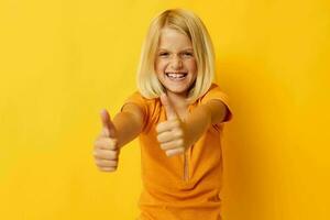 kid girl blonde straight hair posing smile fun color background unaltered photo