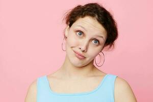 cheerful woman blue t shirt hand gestures emotion cropped view unaltered photo