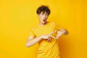 portrait of a young curly man Youth style studio casual wear isolated background unaltered photo