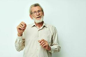 Photo of retired old man smile emotion hand gesture cropped view