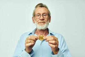 old man cryptocurrency bitcoin investment isolated background photo