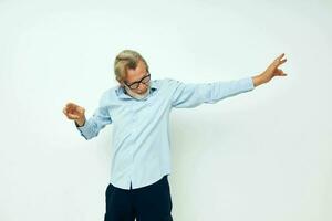Photo of retired old man lifestyle posing hand gesture isolated background
