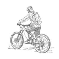 hombre montando un montaña bicicleta, negro y blanco vector mano dibujado bosquejo