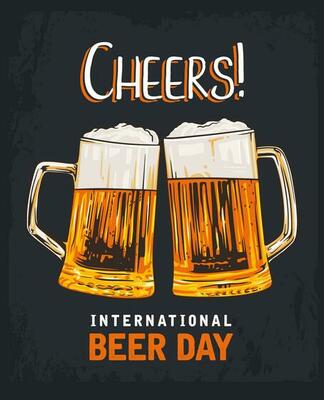 International Beer Day vector clip art, banner, poster with lettering cheers. Beer mugs vector art illustration