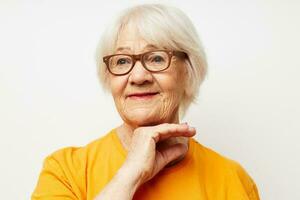 elderly woman vision problems with glasses light background photo