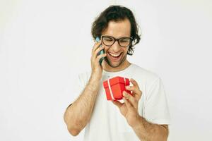 man talking on the phone gift box isolated background photo