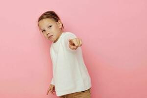 pretty young girl gesture hands emotions grimace isolated background photo