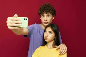 Man and woman modern style emotions fun phone Youth style photo