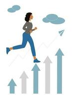 Running woman. Achievement of the goal. Career growth. Moving up with motivation. Steps diagram with arrow. vector