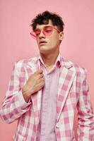 pretty man pink plaid blazer fashion modern style isolated background unaltered photo