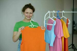 cheerful woman wardrobe colorful clothes Youth style isolated backgrounds unaltered photo