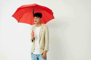 Man rain protection in hand in hand modern style light background unaltered photo