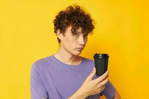 kinky guy in a purple t-shirt black glass photo