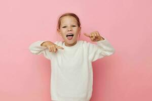 Portrait of happy smiling child girl gesture hands emotions grimace isolated background photo