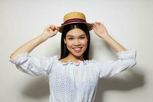 Portrait Asian beautiful young woman stylish clothes hat fashion studio model unaltered photo