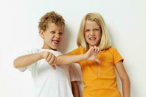 Boy and girl Friendship together posing emotions isolated background unaltered photo