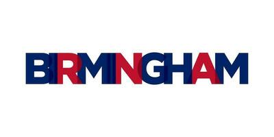 Birmingham city in the United Kingdom that offers a unique blend of urban and historical landmarks. The design features a geometric style illustration with bold typography in a modern font vector