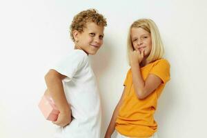 Boy and girl hand gestures fun childhood isolated background unaltered photo