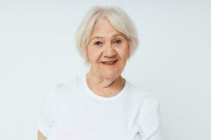 elderly woman white t-shirt studio close-up lifestyle photo