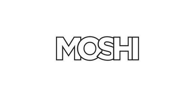 Moshi in the Tanzania emblem. The design features a geometric style, vector illustration with bold typography in a modern font. The graphic slogan lettering.