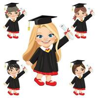 conjunto de muchachas participación diploma en académico vestido para graduación día, contento niña dibujos animados personaje para graduación día vector