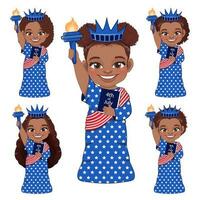 conjunto de americano africano muchachas retrato celebrando 4to de julio independencia día con traje, estatua de libertad, plano icono estilo vector