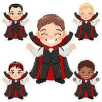 conjunto de pequeño drácula con negro traje, Víspera de Todos los Santos fiesta con linda vampiro dibujos animados personaje vector