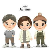 Diverse children in autumn season outfits. Autumn girl and boy cartoon characters. Vector illustration