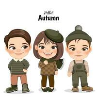 Diverse children in autumn season outfits. Autumn girl and boy cartoon characters. Vector illustration