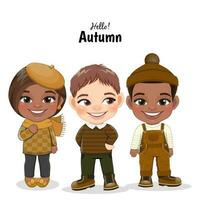 Diverse children in autumn season outfits. Autumn girl and boy cartoon characters. Vector illustration