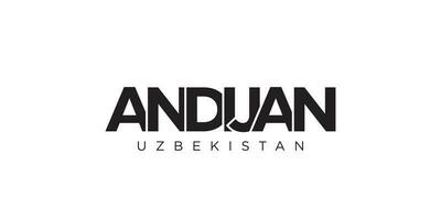 Andijan in the Uzbekistan emblem. The design features a geometric style, vector illustration with bold typography in a modern font. The graphic slogan lettering.