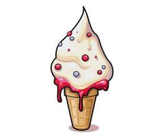 Sweet ice cream melting balls in the waffle cone isolated on background. Vector flat outline icon, label, sticker. Comic character in cartoon style illustration.