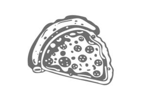 Pizza rebanada con Derretido queso y pepperoni. vector dibujos animados pegatina en cómic estilo con contorno. diseño elemento comida para saludo tarjeta, póster, impresión para ropa, emblema.