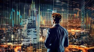 A solitary trader studies stock market graphs on expansive multi monitor workstations, employing mobile app analytics for cryptocurrency and investment growth chart analysis. . photo