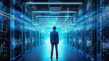Network and internet communication technology concept, data center structure, server racks with telecommunication equipment. . photo