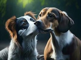 Animal romantic love. Cute happy dog friend. Funny pet relationship. AI Generative photo