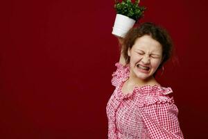 cheerful girl with flower pot posing emotions red background unaltered photo