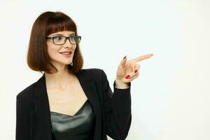 beautiful woman in a black jacket red nail polish glasses Lifestyle unaltered photo