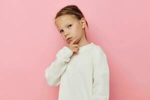 Portrait of happy smiling child girl gesture hands emotions grimace isolated background photo