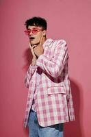 handsome guy plaid blazer pink glasses fashion modern style Lifestyle unaltered photo