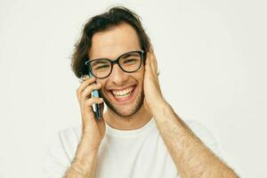 Cheerful man telephone communication hand gesture Lifestyle unaltered photo