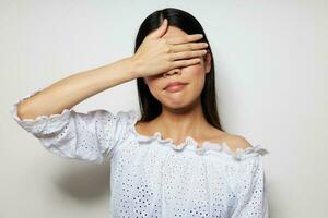 pretty woman in white shirt close-up fashion studio photo