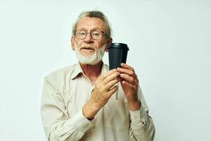old man disposable glass drink emotions isolated background photo