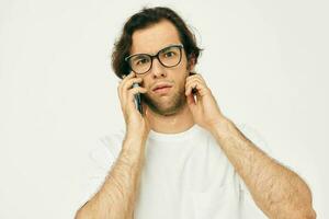 Cheerful man telephone communication hand gesture isolated background photo