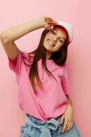 cute young girl summer style pink t-shirt emotions photo