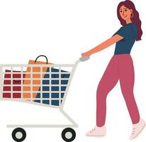 Shopping Woman and Shopping Cart Market Illustration Graphic Cartoon Art Card vector